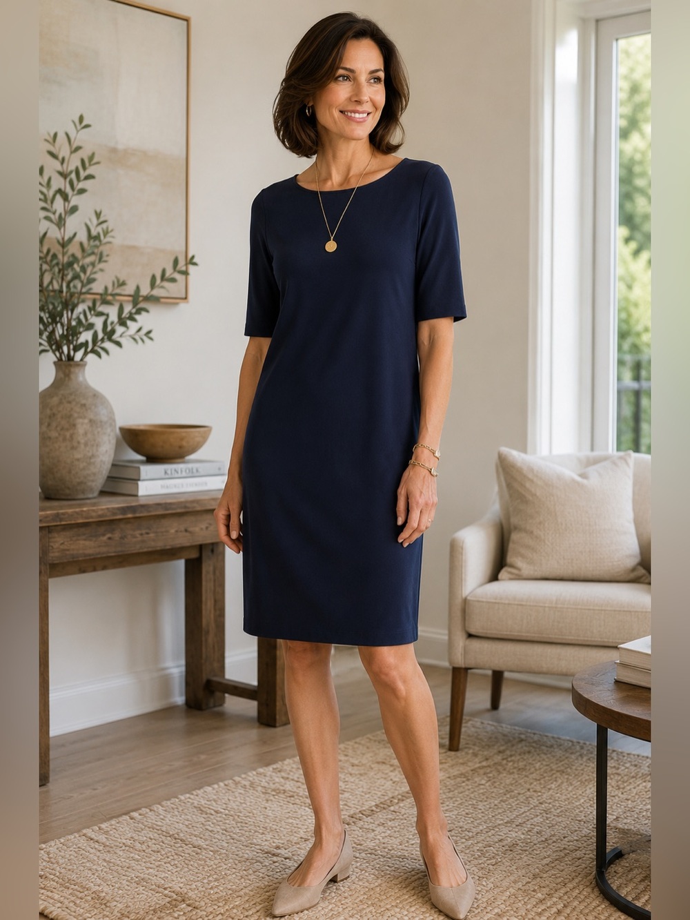 Eileen Fisher Navy Stretch Jersey Shift Dress 3/4 Sleeve Minimalist Size XS
